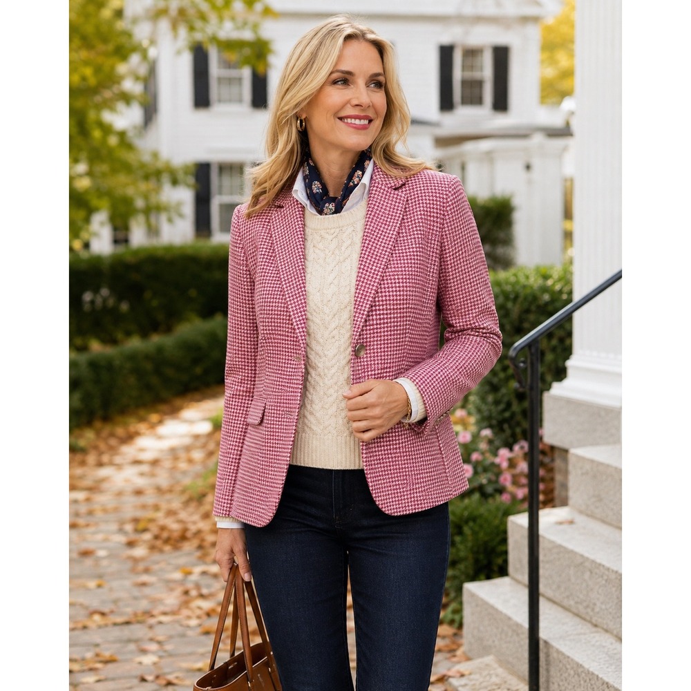 Talbots Petite Pink Houndstooth Two Button Blazer Jacket 4P Cotton Wool Blend